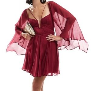 ASOS DESIGN long sleeve mini dress with godets in burgundy